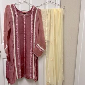 New Pakistani Indian shalwar kameez khadi Net embroidery suit pink color #456